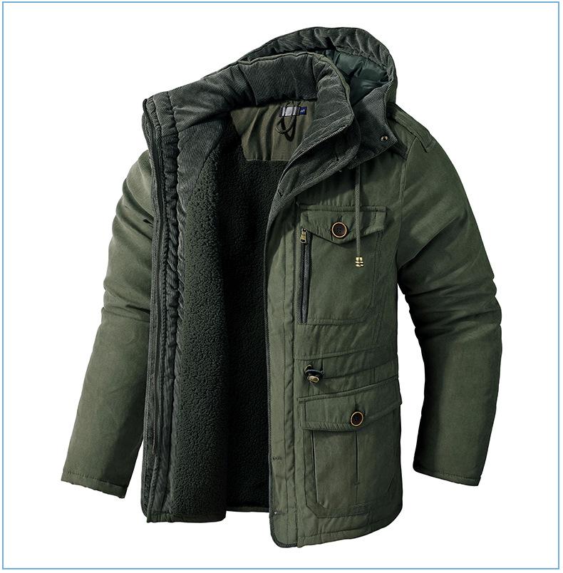 Men's American Plus Size Mid-Length Fleece-Lined Thick Cotton Coat for Sub-Zero Temperatures