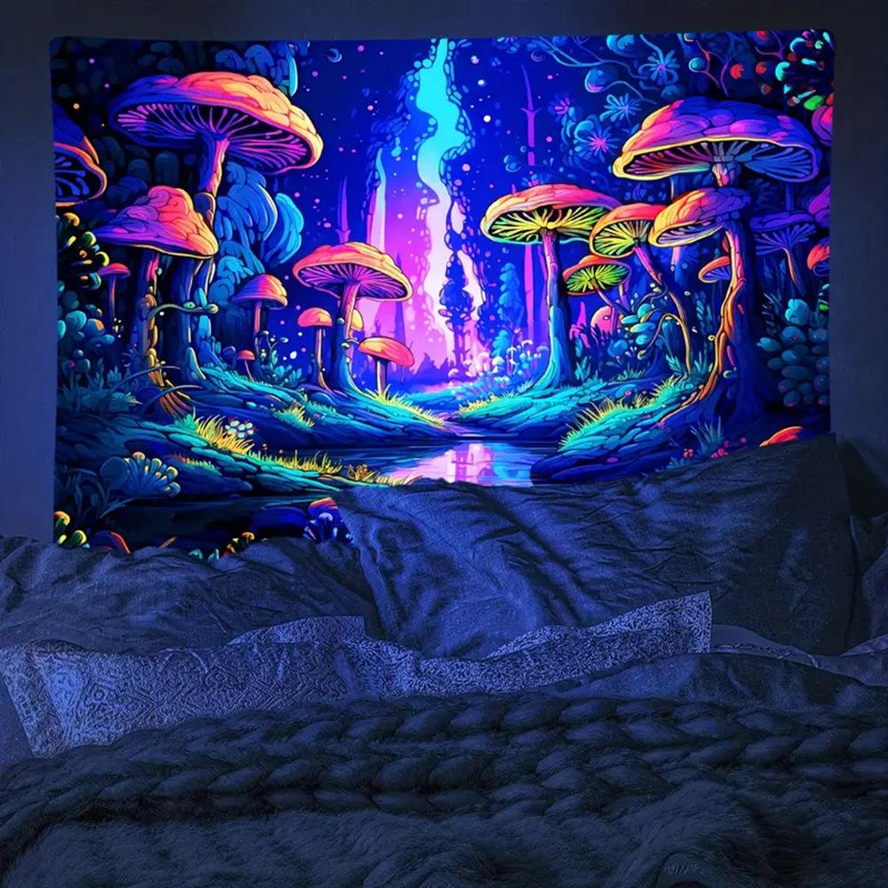 UV Reactive Mushroom Wall Hanging Tapestry Black Light Night Glowing Alien Skull Tapestries Astronaut Art For Bedroom Decor