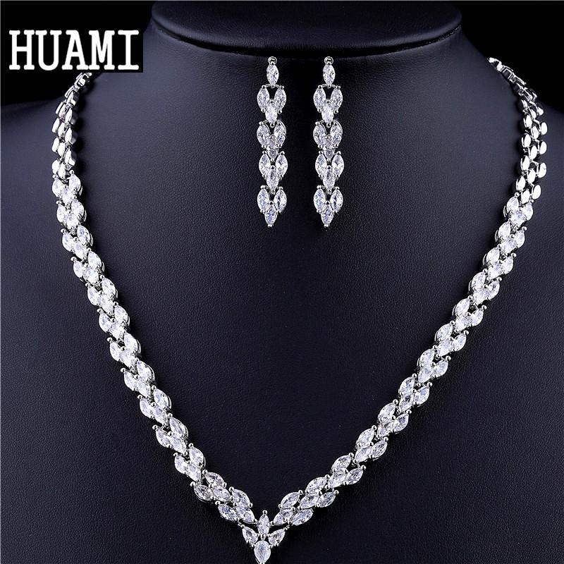 

HUAMI серьги-гвоздики женские комплекты изящных ювелирных украшений с цирконием AAA, белое золото, свадебные серьги-колье для невесты, комплекты серег