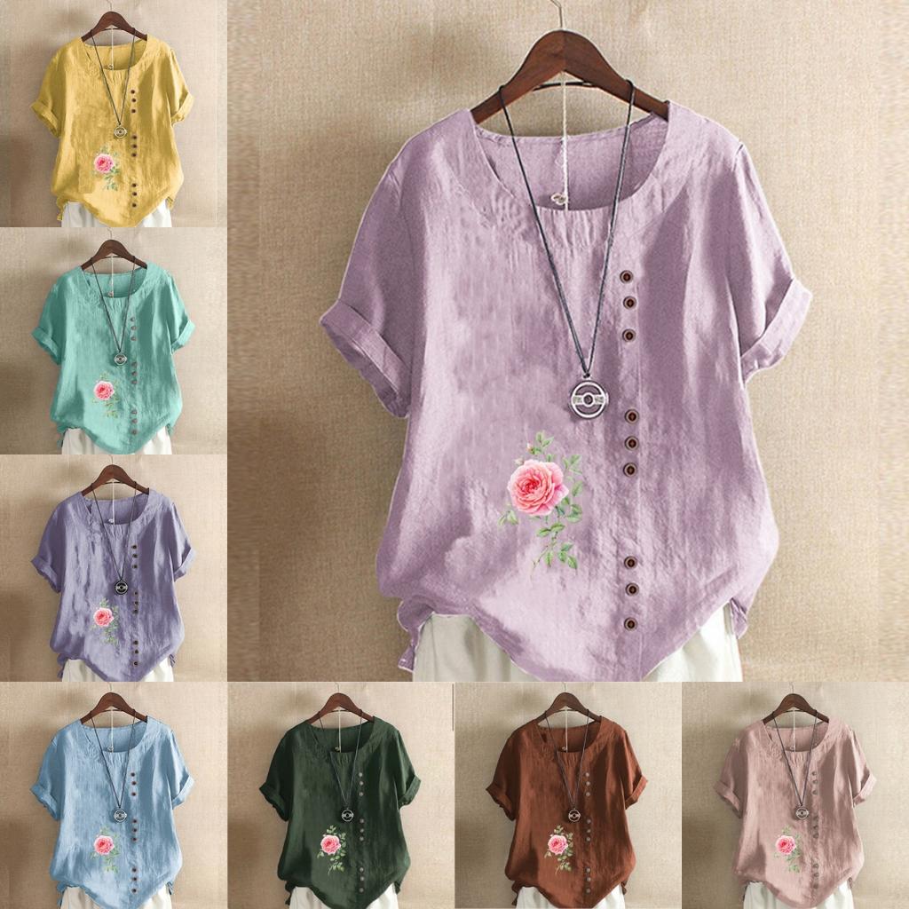 Dámské nové módní lněné tričko s kulatým výstřihem a krátkým rukávem s květinovým potiskem, letní dámské ležérní halenka plus velikosti