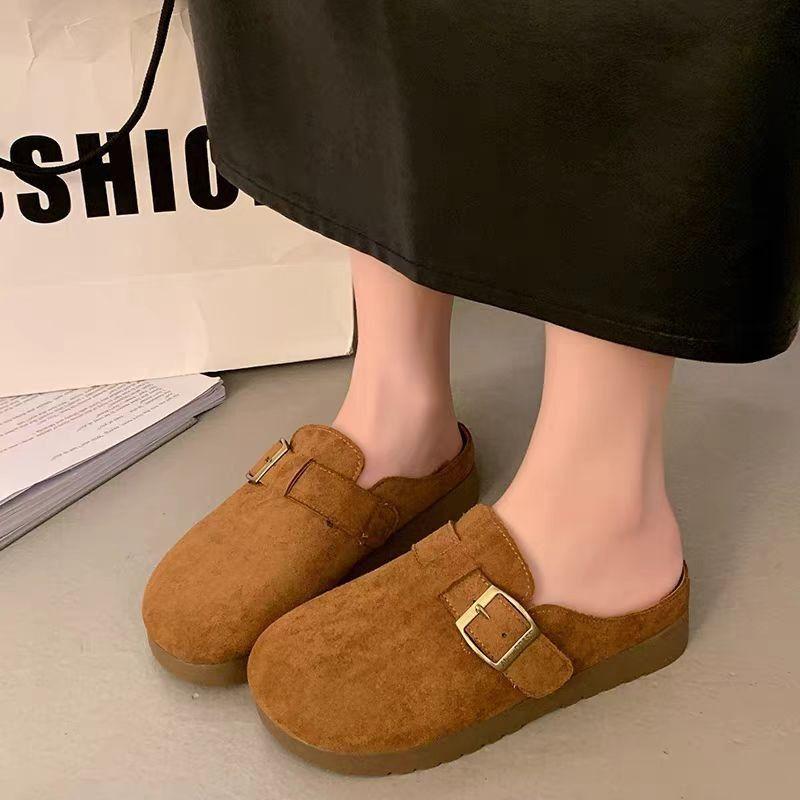 Round head one pedal versatile flat bottom spring and autumn Birkenstock shoes bag head half slippers lazy wind