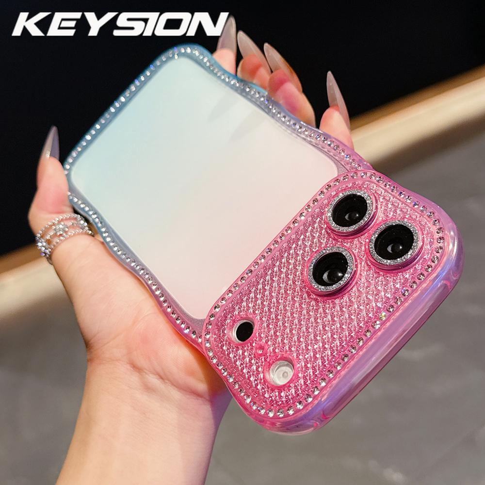 KEYSION Rhinestone Phone Case for iPhone 13 14 15 16 17 Pro Max 17 Air 16 Plus Transparent Wavy Lens Protector Shockproof Back Cover