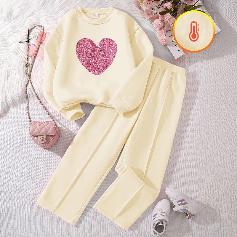 Girls' Big Kids 2-Piece Outfit Set Heart Print Long Sleeve Sweatshirt with Casual Wide Leg Pants Trendy Fall Winter Wear