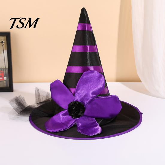 Halloween Costume Hat Witch for Women Girls, Large Striped Wizard Parent Child Festival Photo Props with Flower Accessories, Cosplay, Party Girls