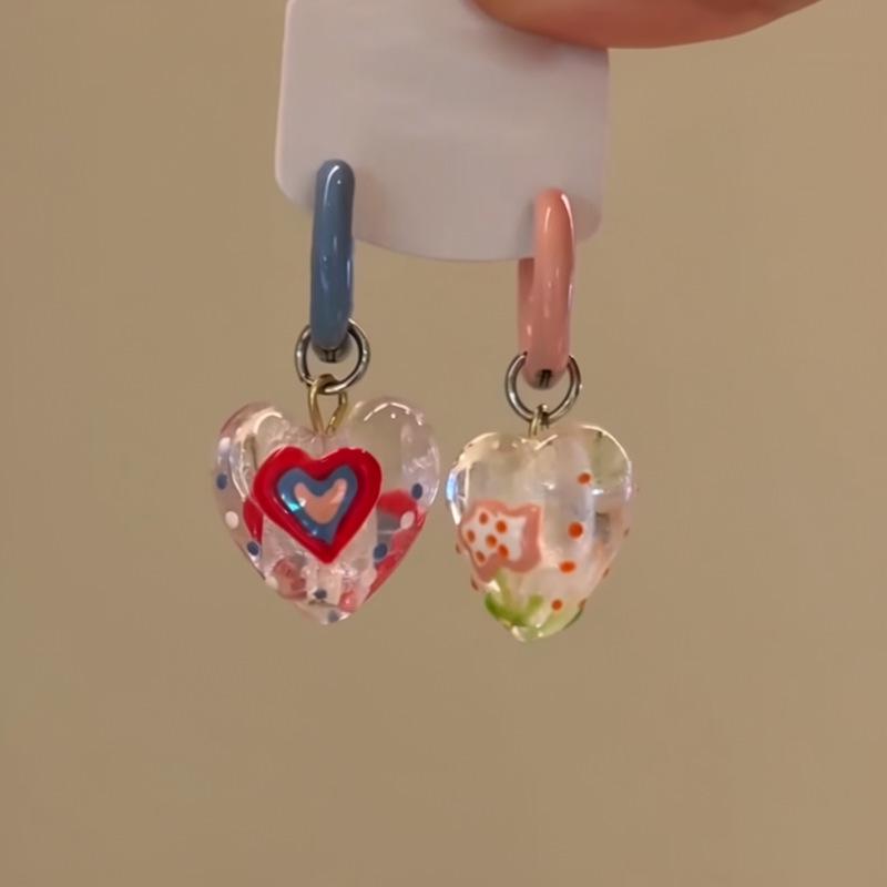Half Sweet Thoughts: Asymmetrical Korean Drip Oil Love Heart Flower Earrings - Exquisite & Stunning Design