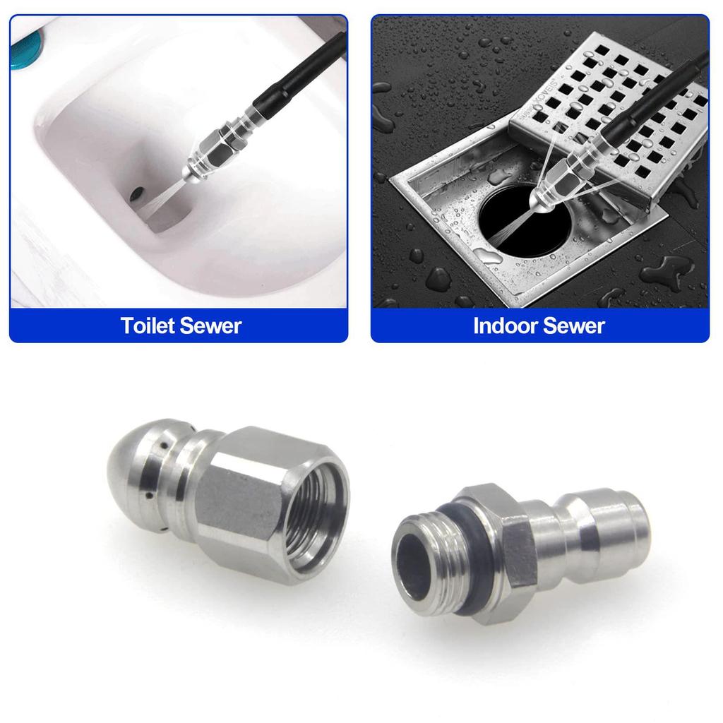 Stainless Steel High-Pressure Sewer Dredging Nozzle - 1/4 Quick Connect with Front and Rear Jets