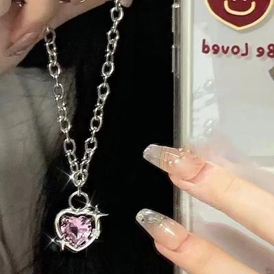 Pink Heart Pendant Necklace for Women Crystal Star Love Cool Clavicle Chain Y2K Party Jewery Aesthetic Accessories Female Gifts