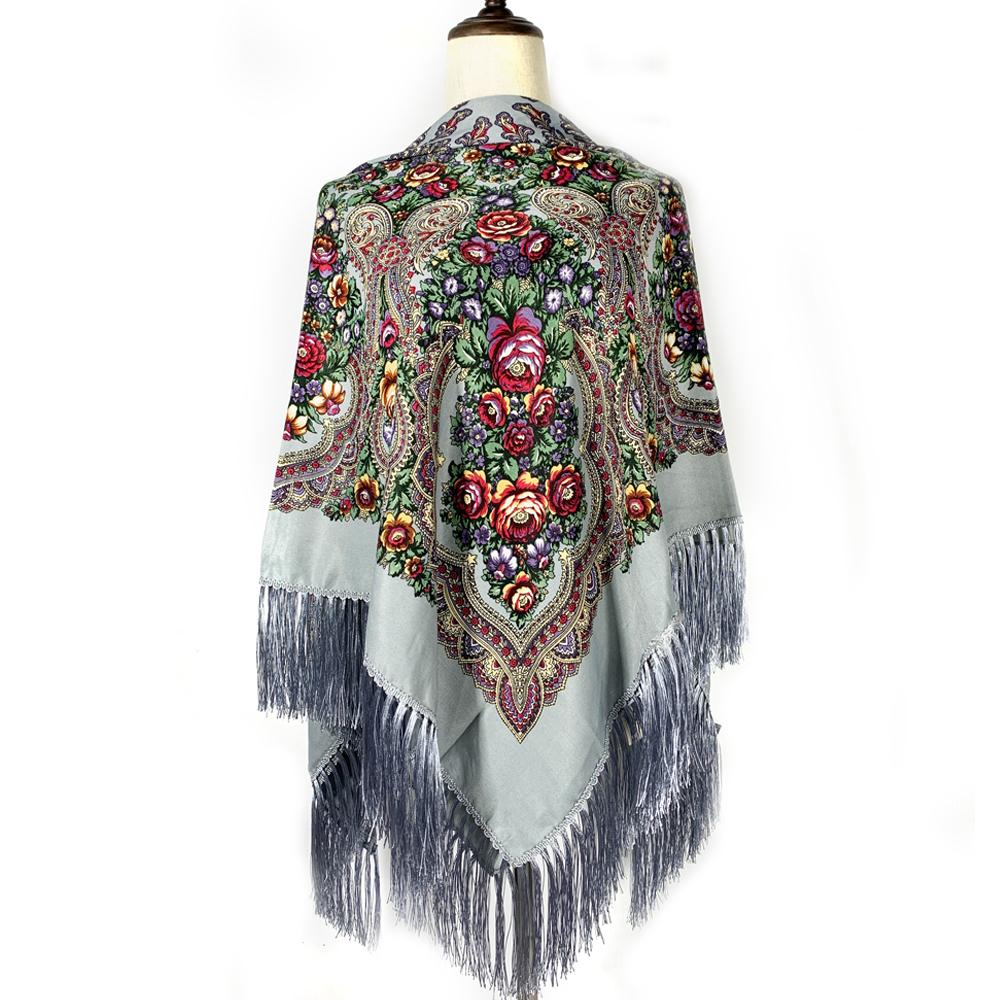 135*135cm Women Russian National Square Scarf Ukrainian Fringed Banadna Handkerchief Ethnic Shawls Babushka Head Wraps