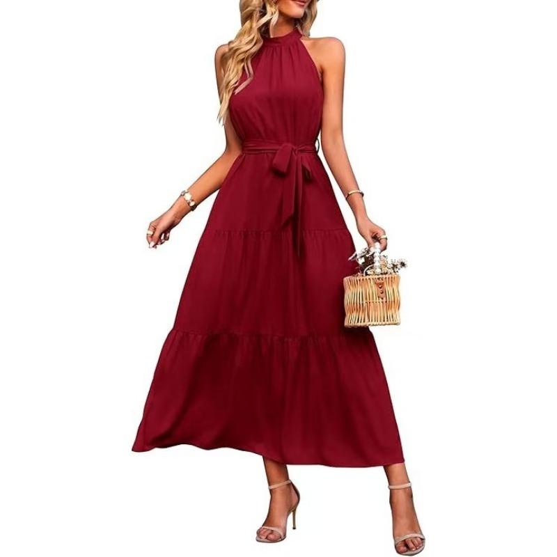 Fashion Sleeveless Summer Elegant Long Dress New Loose Casual Women Simple Office Solid Color A-line Party Dress Female Lace-up Holiday Women Clothing
