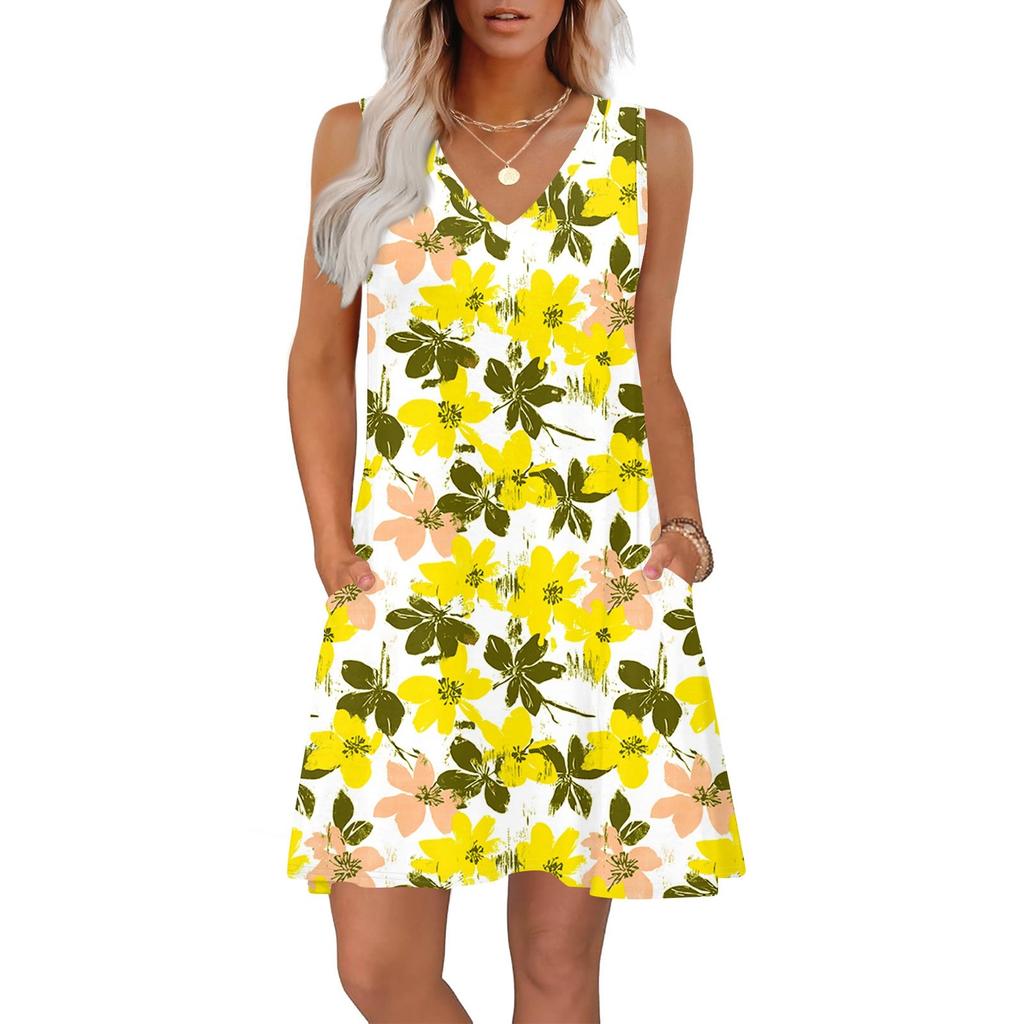 Women's Summer Dresses Loose Fit Printed V Neck Sleeveless Sundresses Beach Hawaiian Dress With Pockets
