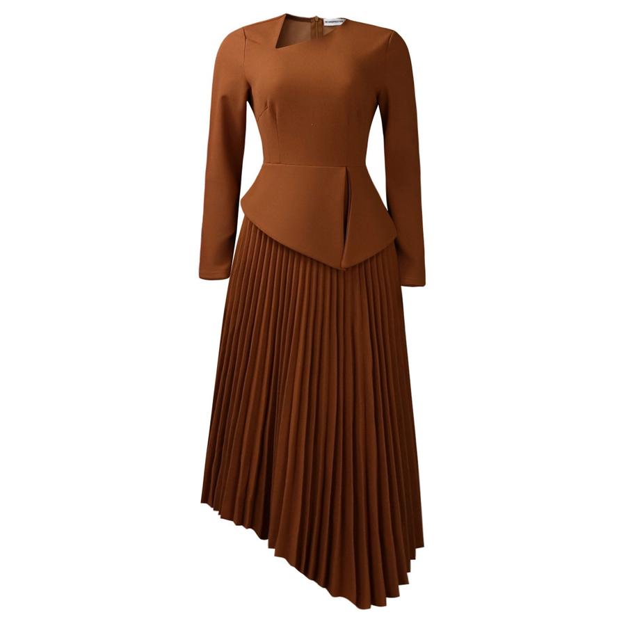 Women s Spring New Style Temperament Elegant Slop-Neck High Waist Mid-Length  Dress S коричневый