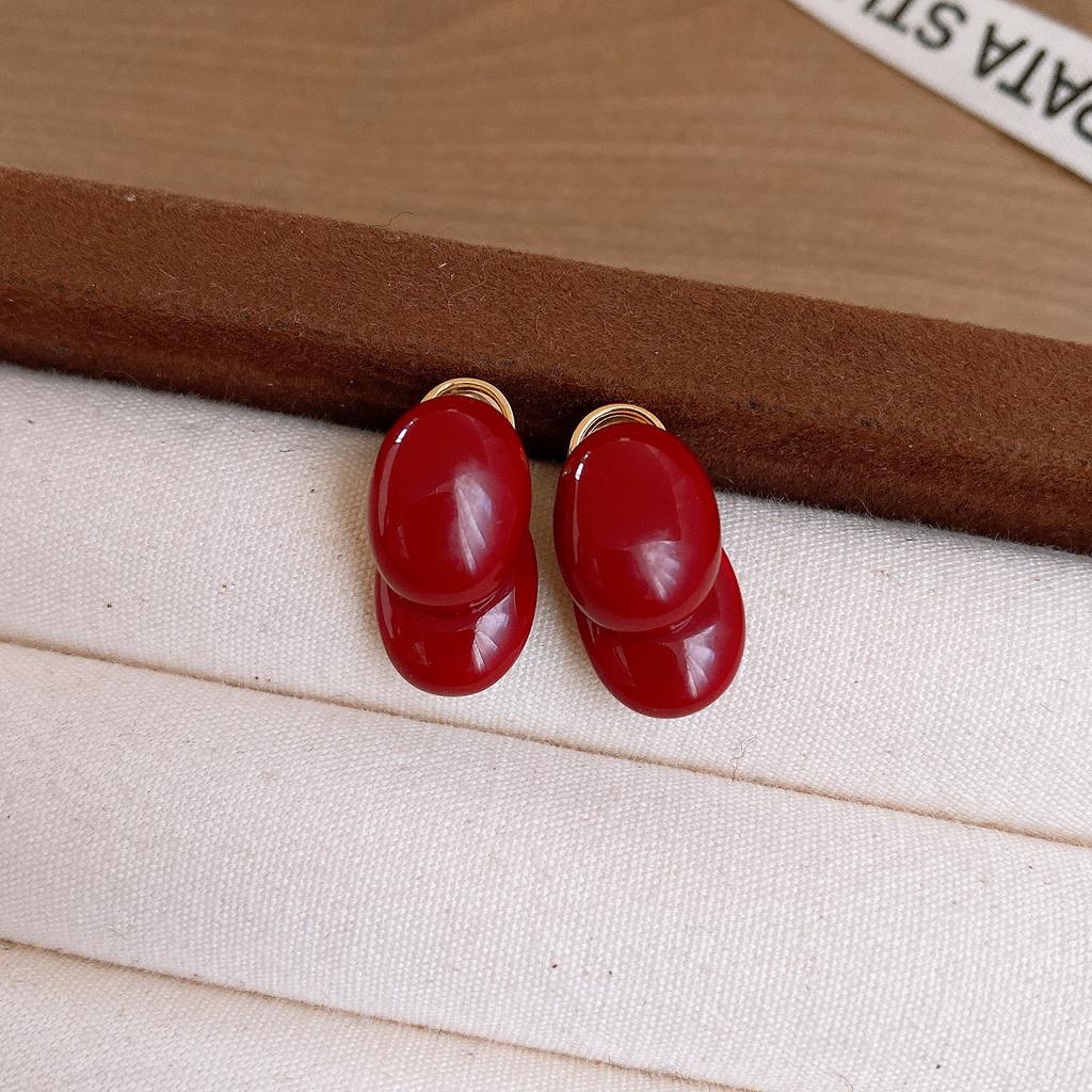French retro Hong Kong style red geometric resin earrings stud earrings personality temperament earrings women