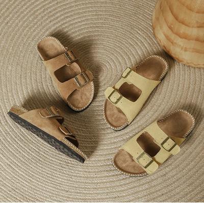 Fashion 2024 Summer Women's Cork Slippers Cow Suede Leather Two Buckle Flats Sandals For Women Retro Fashion Garden Mule Clog Slides