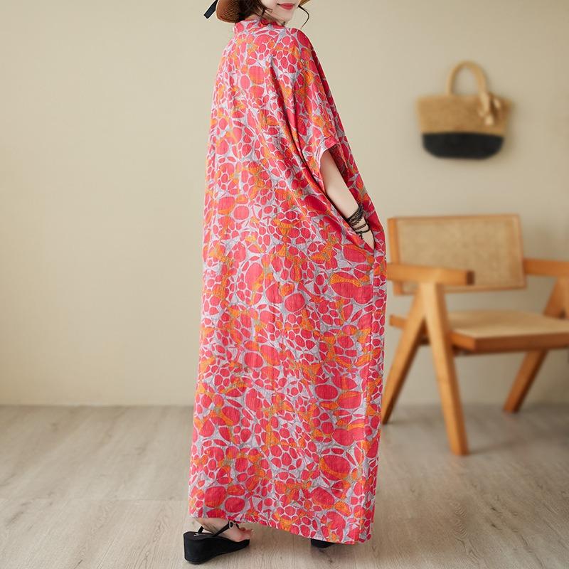 Real shot summer thin cotton and linen v-neck large size loose literary beach dress retro long robe