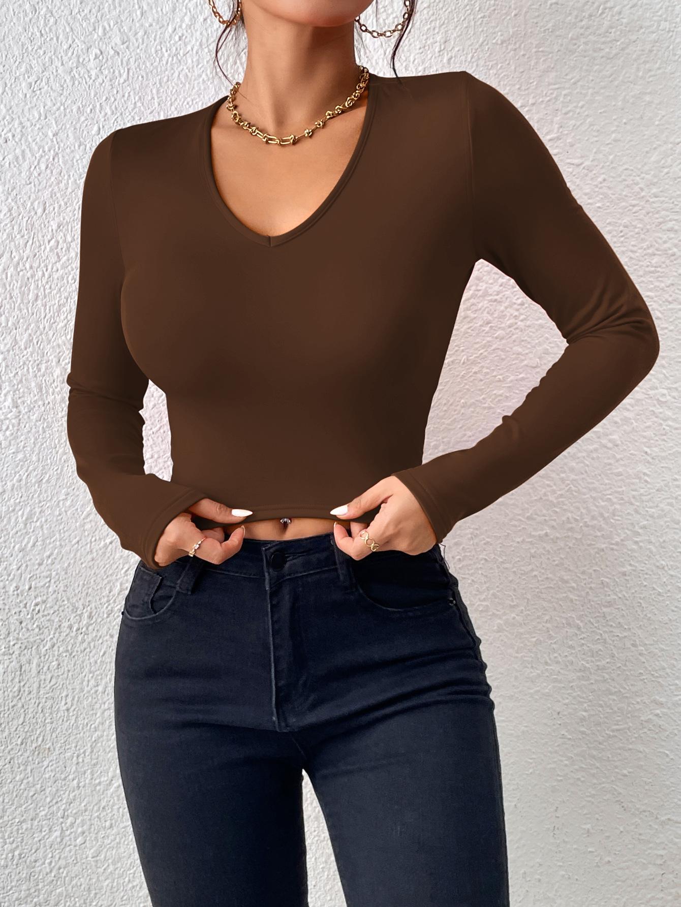 

Футболка з V-подібним вирізом, простий укорочений топ з довгим рукавом, однотонна жіноча футболка, повсякденна безрукавка, тонкий жіночий укорочений топ, модна футболка Y2k Streetwear L коричневий