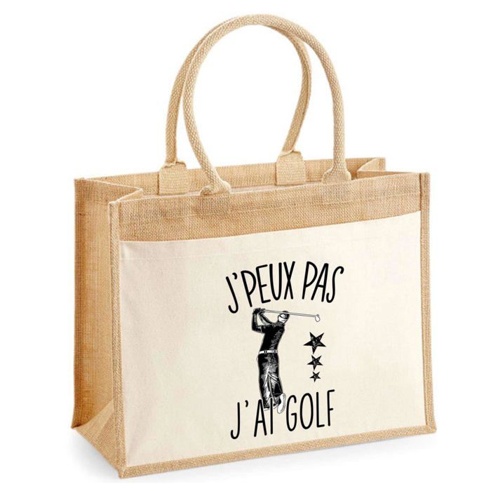 Sac de plage - PLANETEE - Jute avec poche 'Golf Golfeur J'peux pas' - Coton imprimé en France - Multicolore - 43x33 cm