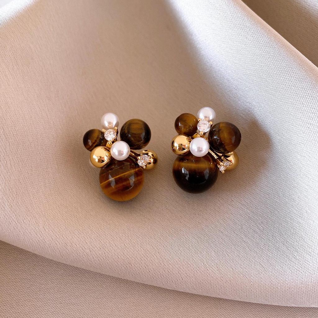Geometric Tiger's Eye Stud Earrings, Retro Millard Style - Unique Design with Silver Needle 