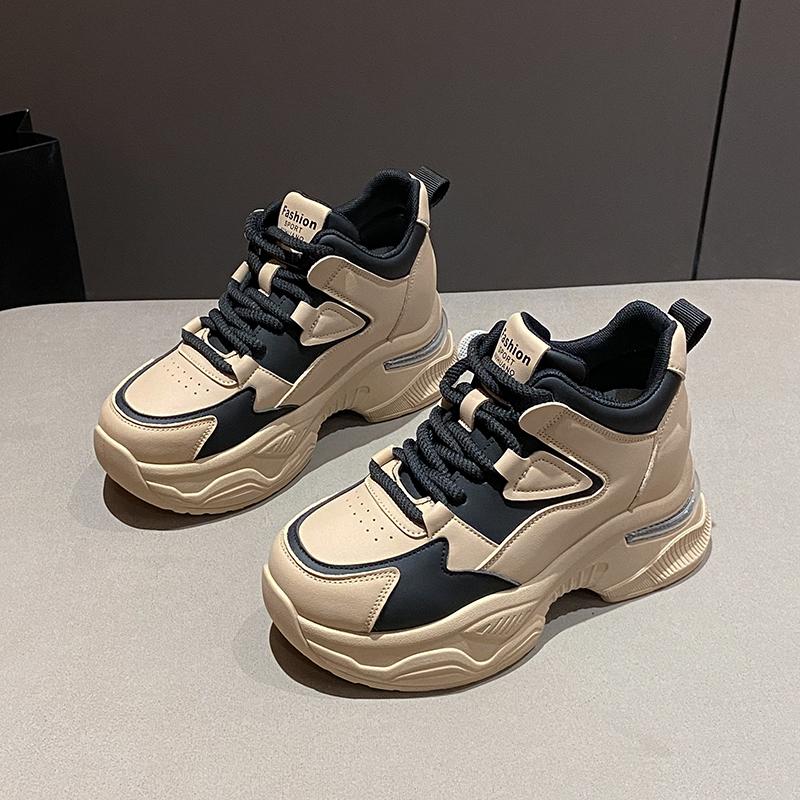 Fashion Chunky Platform Women Sport Sneaker Lace-Up Thick Bottom Vulcanize Shoes Woman Spring Autumn Pu Leather Breathable Running Shoes
