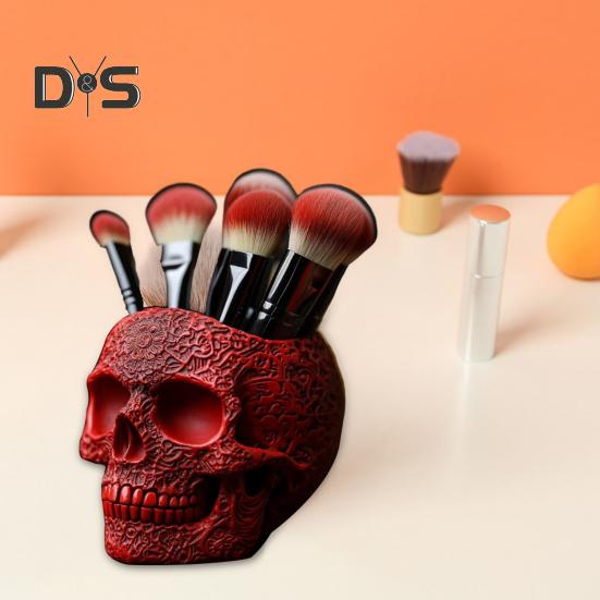 Makeup Brush Holder Skull Shape Large Capacity Makeup Brush Container Sturdy Resin Construction Storage Organizer