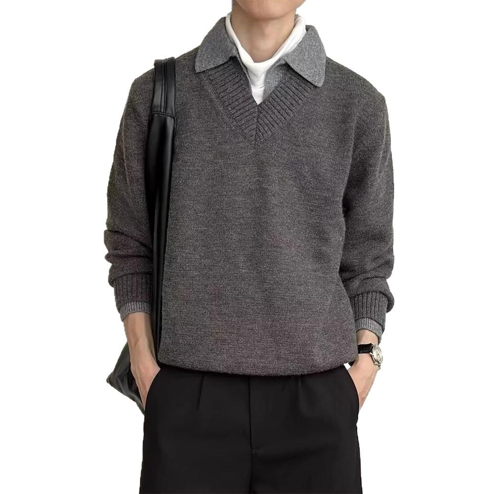 Vintage V-ringad Stickad Pikétröja - Herrhöst Retro Stil