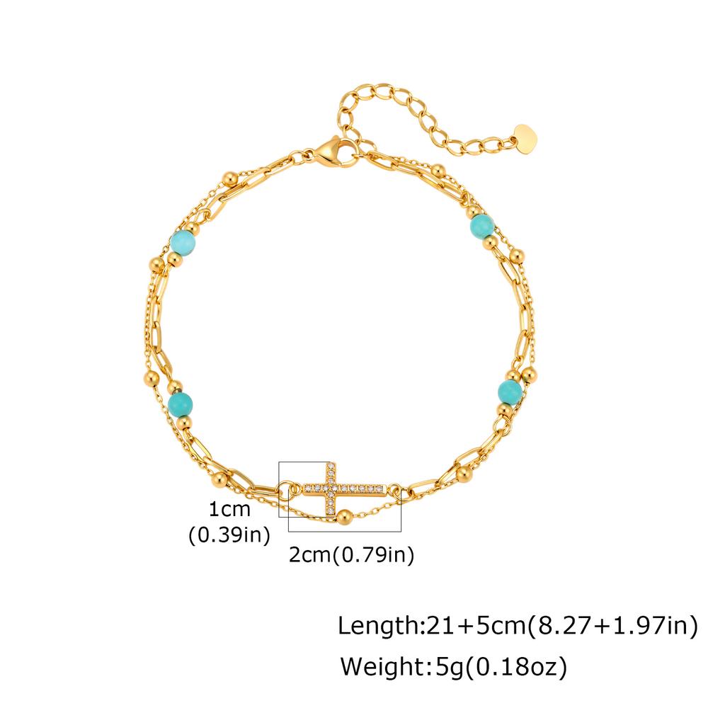 Türkisfarbener Knöchelkettchen, Doppellagige Fußkette mit Kreuz aus Edelstahl, Sommer Strand Schmuck für Damen Anlaufgeschützt Ästhetischer Schmuck