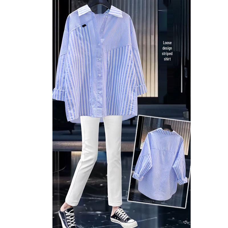 2026 Spring Women s Casual Loose Mid-Length Vertical Stripe Patchwork Long Sleeve Shirt 2XL