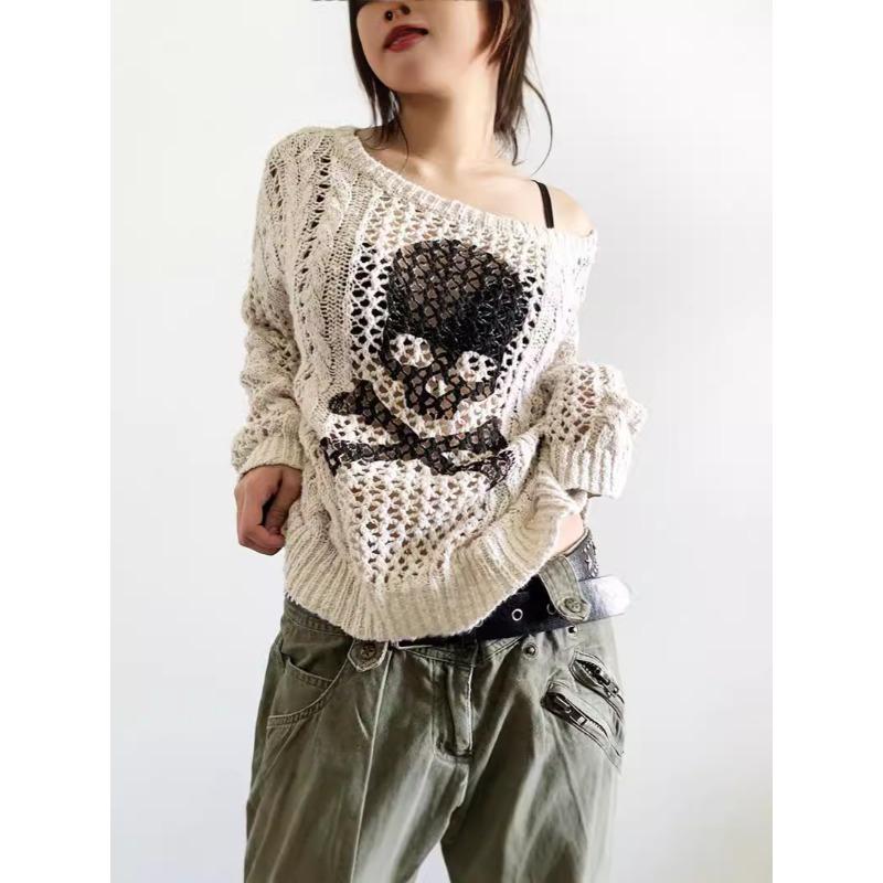 Sweater y2k Aesthetic Gothic Hollow Out Long Sleeve Tops Punk Style Crochet Pullover Knitwear Women Streetwear