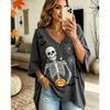 Halloween Printed T-shirt, Pumpkin Lantern Ghost T-shirt, Plus Size Women's V-neck Bat Sleeve Seven Quarter Sleeve Casual Top