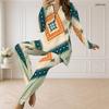 Women Plus Size Half Zip V Neck Long Sleeve Blue Green Printed Two Piece Set Long Top And Fitted Pants