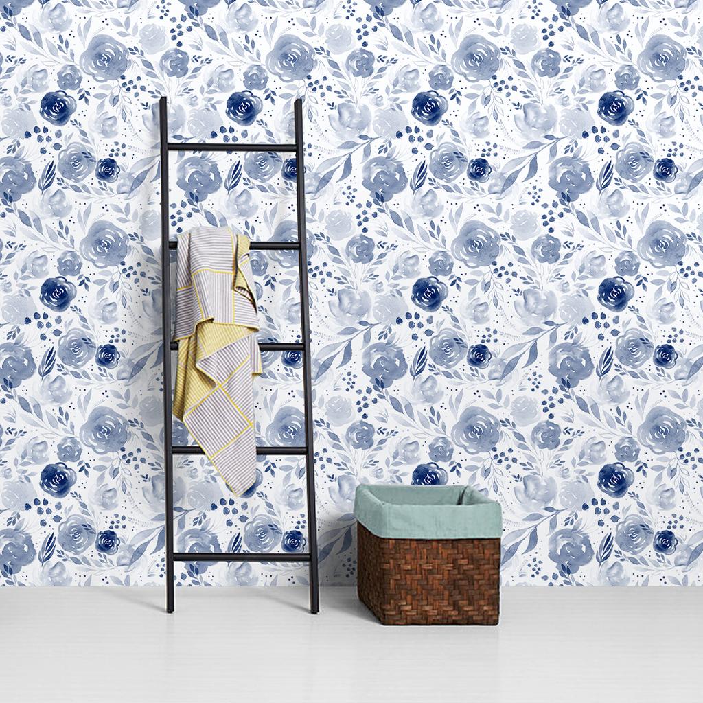 Blue Watercolor Floral Background Removable Wallpaper(45cm*300cm)