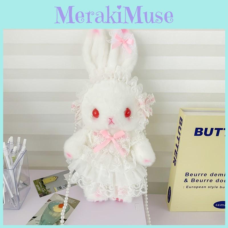 Plush Rabbit Lolita Shoulder Bag With Lace Bow Design And Faux Pearl Shoulder Strap For Daily Use