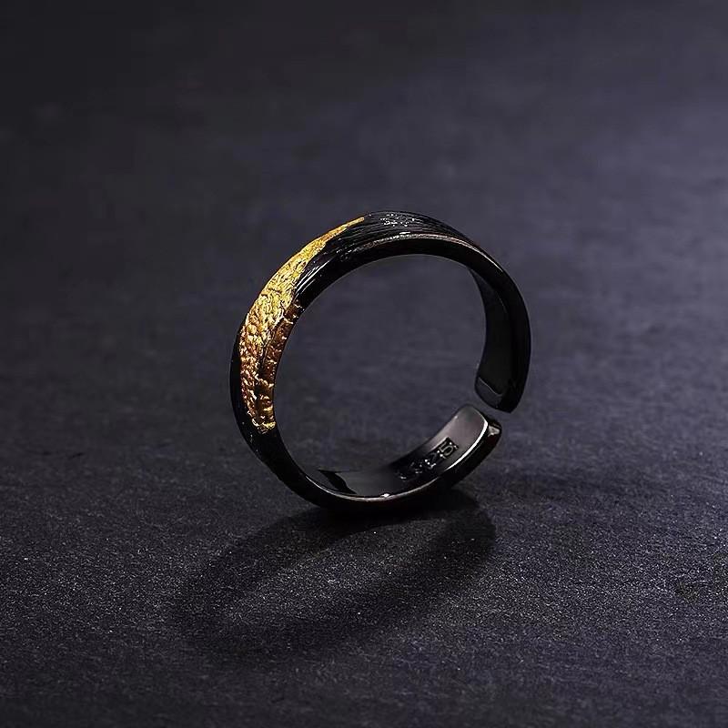Unisex Adjustable Open Ring With Black Gold Flame Motif Geometric Design Vintage Minimalist Statement Jewelry