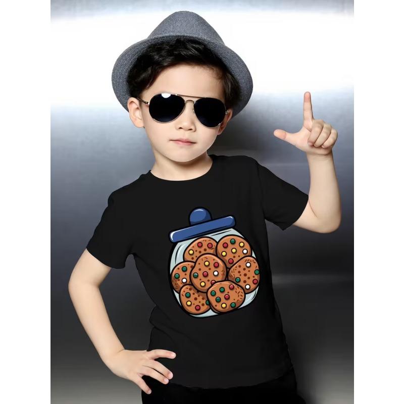 

European sizes Boys Bean Biscuit Cookie Food Print T-Shirt - Soft Orange Short Sleeve Crew Neck Summer Top with Cute Bean & Biscuit Graphics 164cm чорний
