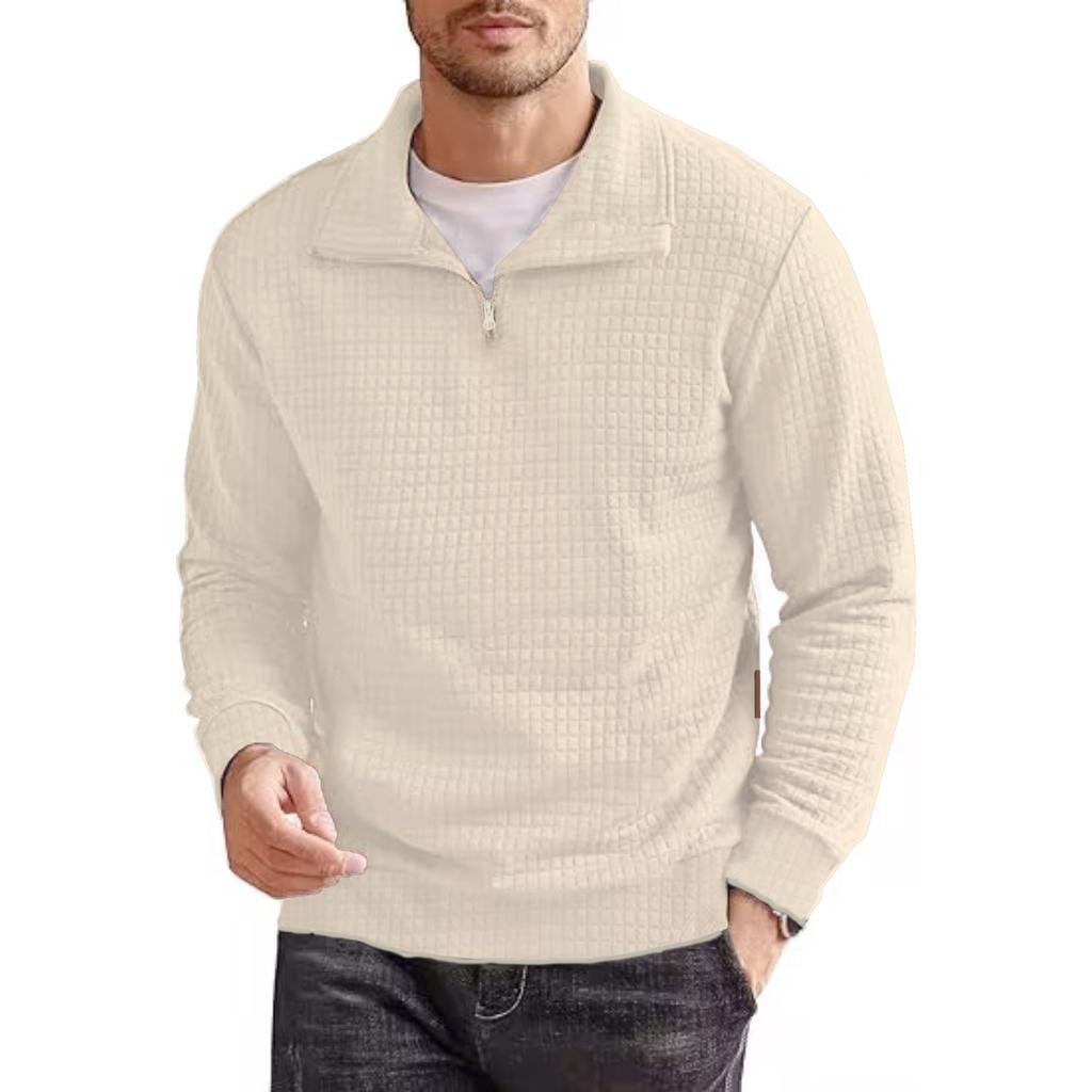 Large Size Men's Spring and Autumn Top Plaid Zipper Sweatshirt Solid Stand Collar Pullover