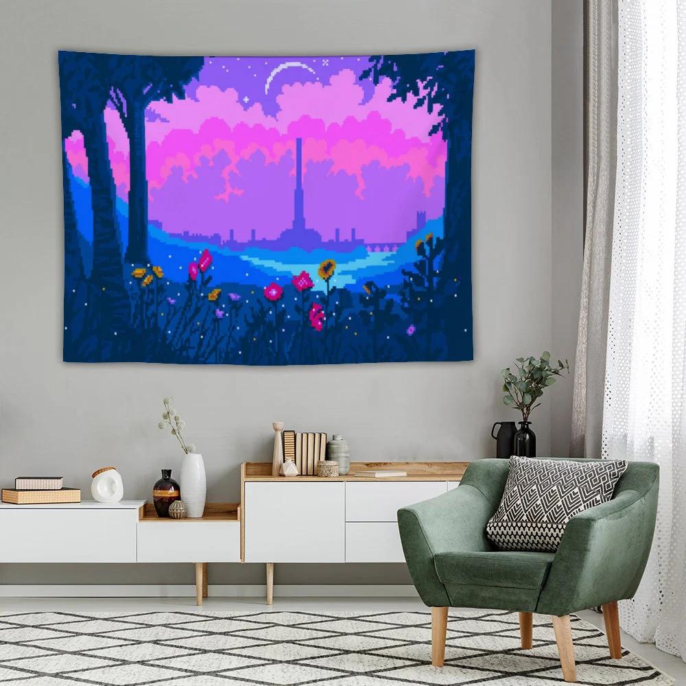 Pixel Art Landscape Wall Tapestry Anime Fabric Wall Hanging Art Tapestry Multiple Size Options for Room Decor