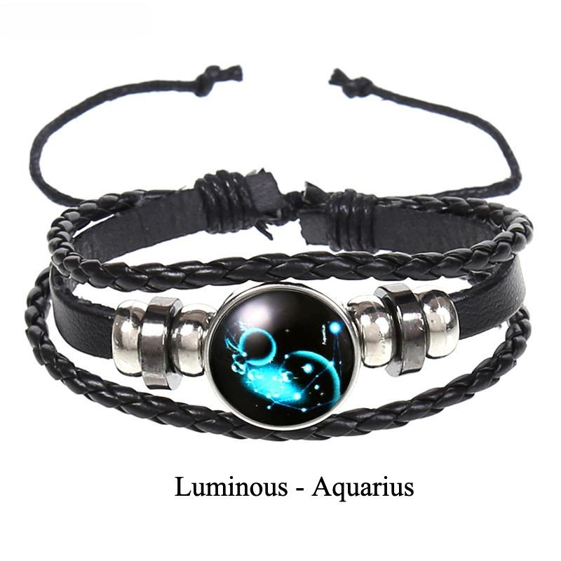 12 Constellations Multi-layer Woven Luminous Punk Cowhide Starry Sky Bracelet Jewelry, Unisex, Popular Couple Hand Rope
