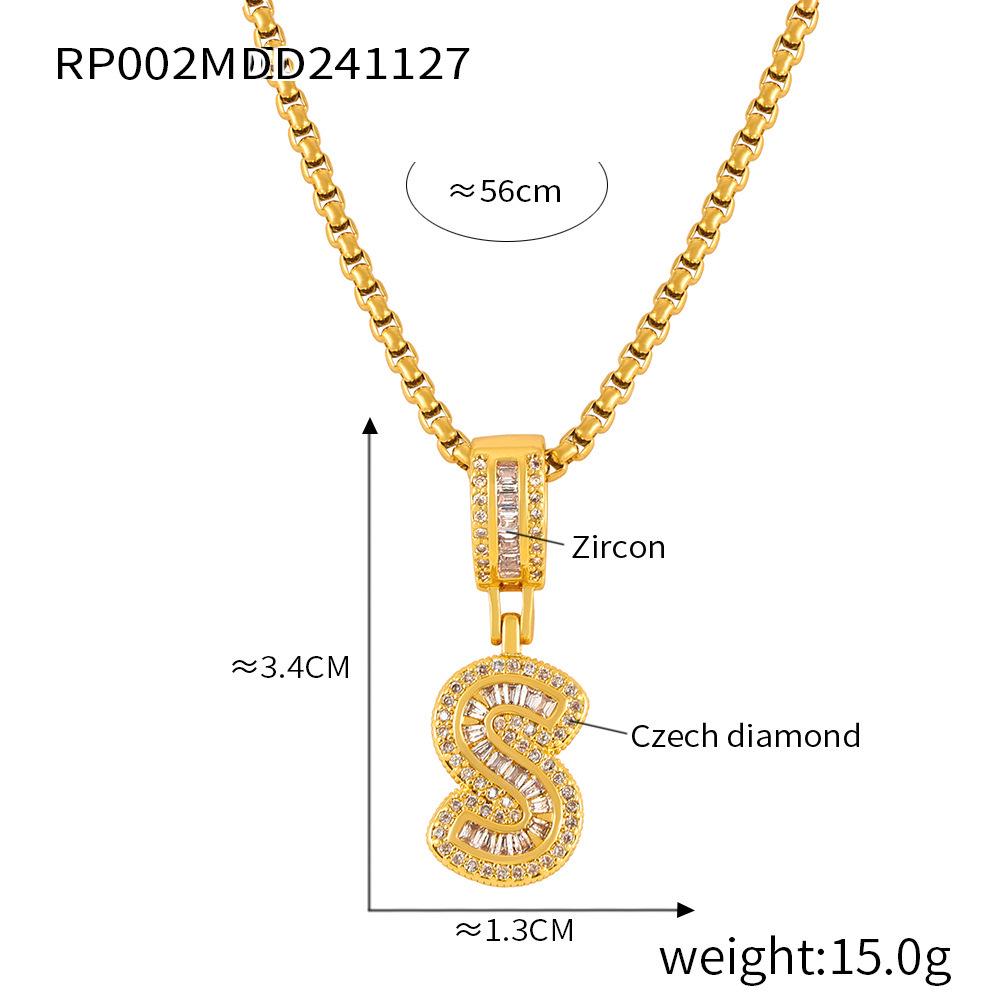 Minimalist Letter Inlaid Diamond Copper Pendant Necklace with Long Box Chain in Gold-Plated Titanium Steel
