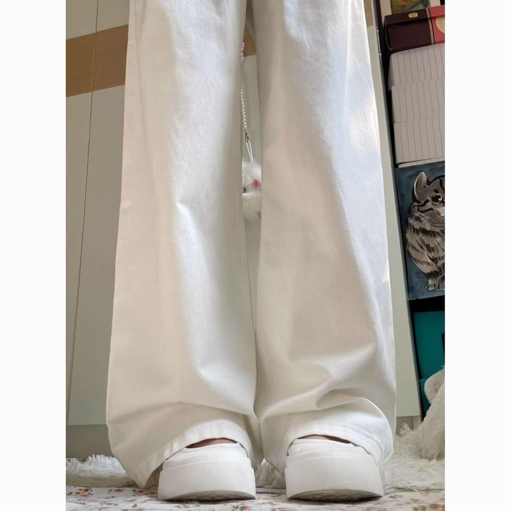 Women's White Wide-Leg Jeans, 2025 Spring/Summer, Pleated High-End, Loose Drapey Full-Length Pants.