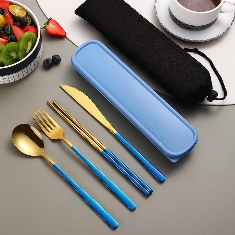 Tableware Set 304 Stainless Steel Portable Cutlery Dinner Knife Fork Spoon Chopsticks Four-piece Suit with Box Travel Flatware