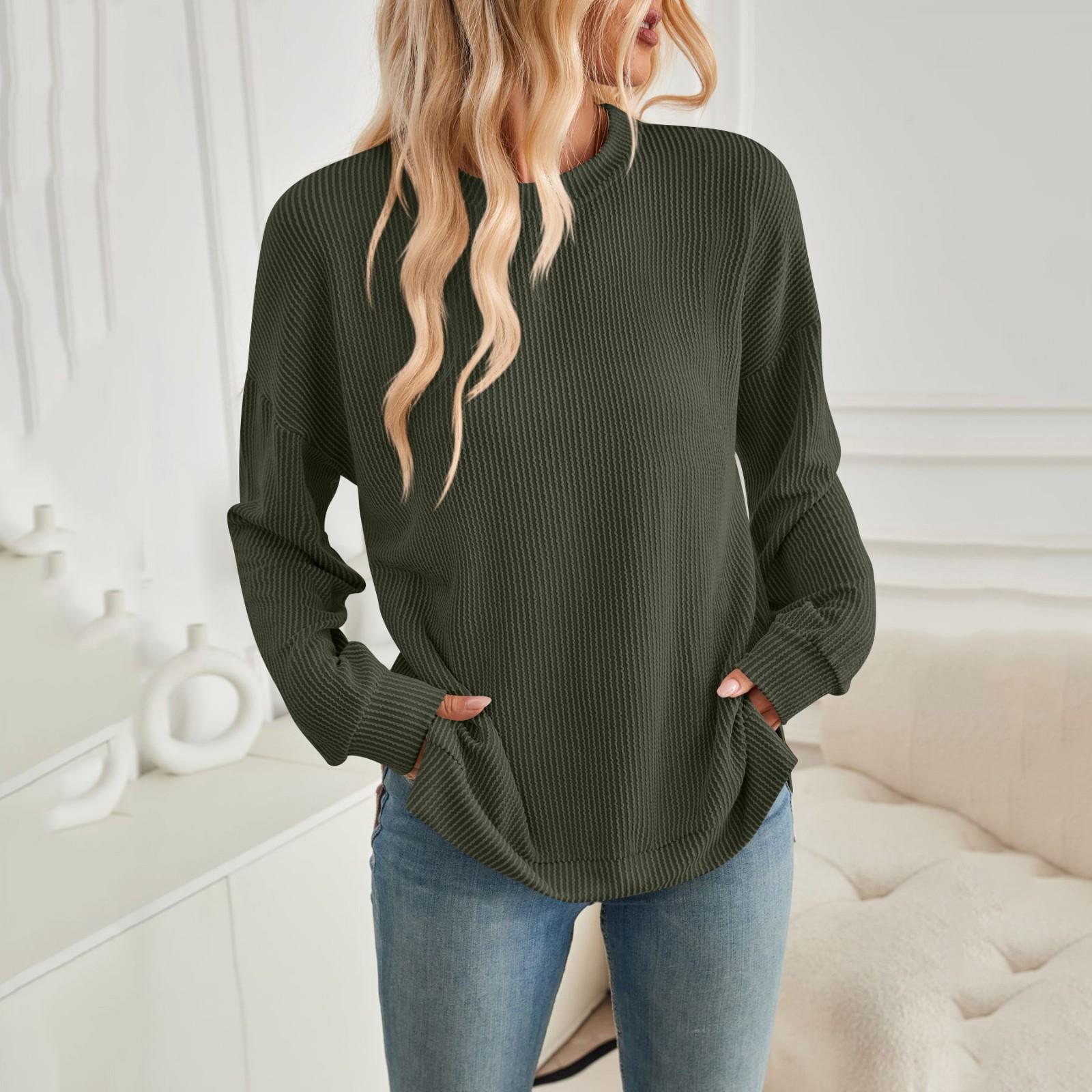 Женская мода круглый вырез в полоску с разрезом длинный рукав свободный свитшот топ — фото 6