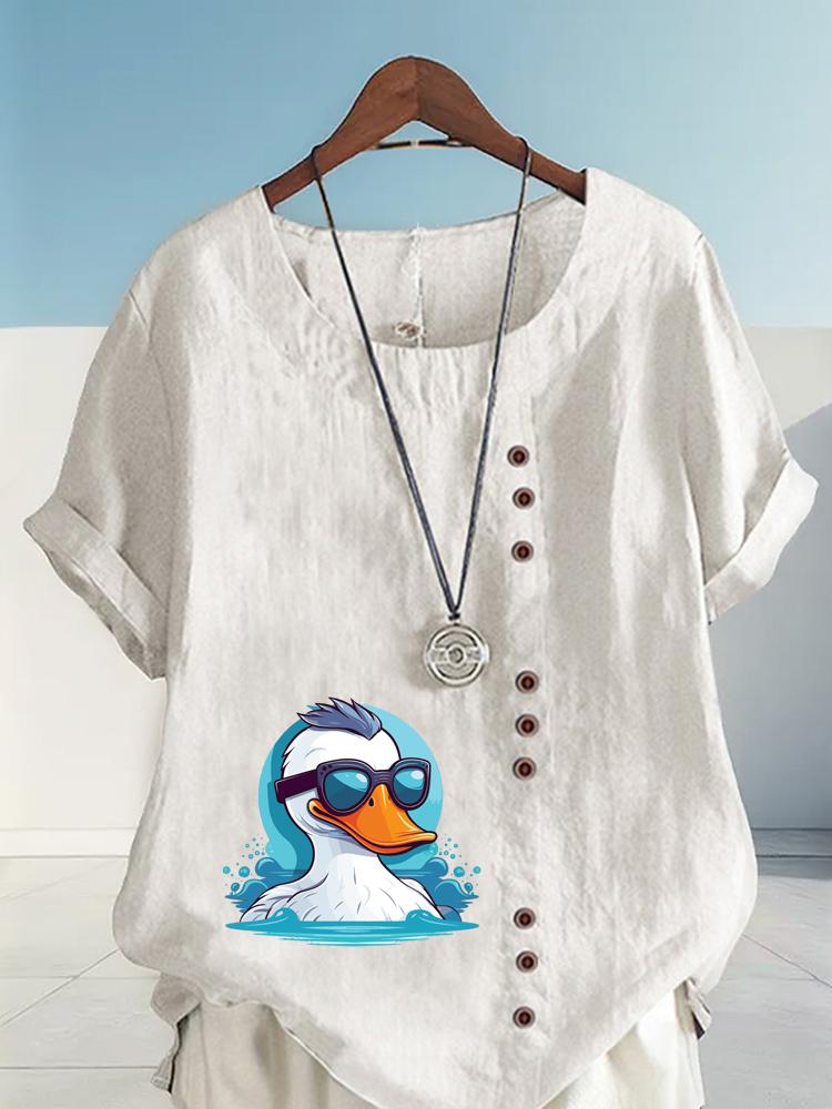 Women's Fashion Cool White Duck Print Casual Cotton Linen Short Sleeve Round Neck T-shirt Shirt Leisure Loose Summer Blouse Tops
