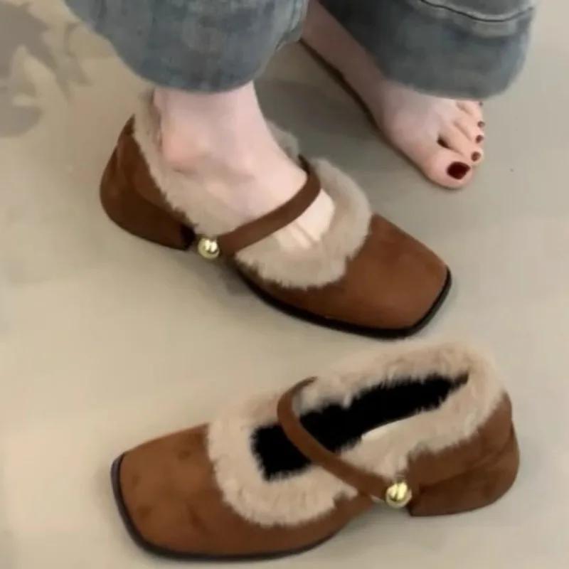 Mode Damenmode Dicke Ferse Baumwollstiefel Winter Neu Eckige Spitze Flacher Ausschnitt Wildleder Rutschfest Abriebfest Niedrige Schuhe