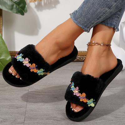 Modische Stickerei Butterweiche Fellpantoffeln für Damen Schwarz Kunstfell Baumwollpantoffeln Frau Winter 2025 Indoor Slipper Flacher Absatz Slides Mujer
