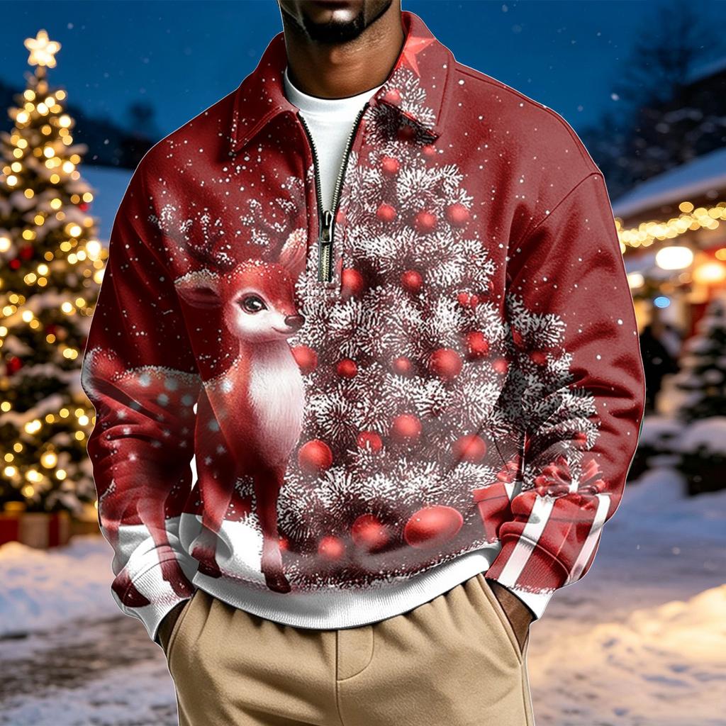 Men's Casual Christmas Print Quarter-Zip Sweatshirt with Collar
