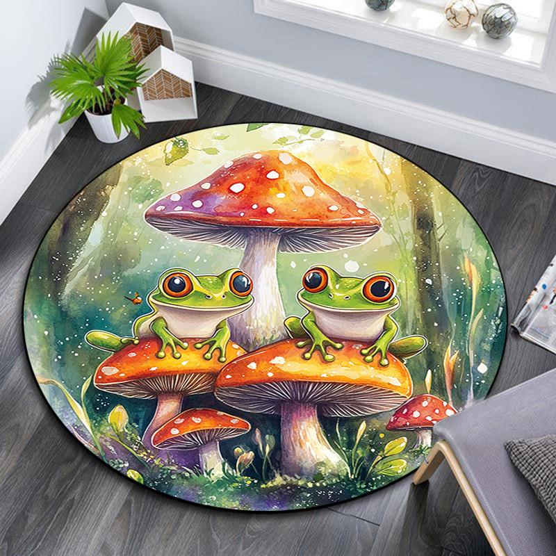 Frog Toad Mushroom Round Area Rug,Carpet Rug for Living Room Bedroom Sofa Playroom Decor,Non-slip Floor Mat