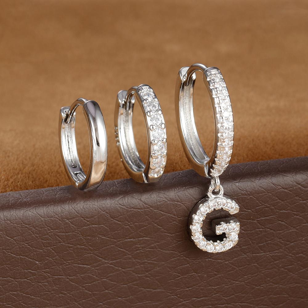 3pcs Silver Color Stainless Steel 26 Letters Hoop Earrings Set For Women A-Z Crystal Zircon Geometric Earrings Wedding Jewelry