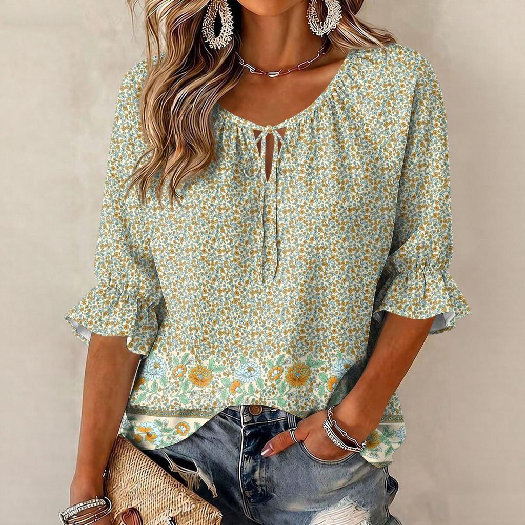 Damen Vintage Bluse mit Blumenprint, Rüschen und Dreiviertelärm, Rundhalsausschnitt und Bindevorderseite