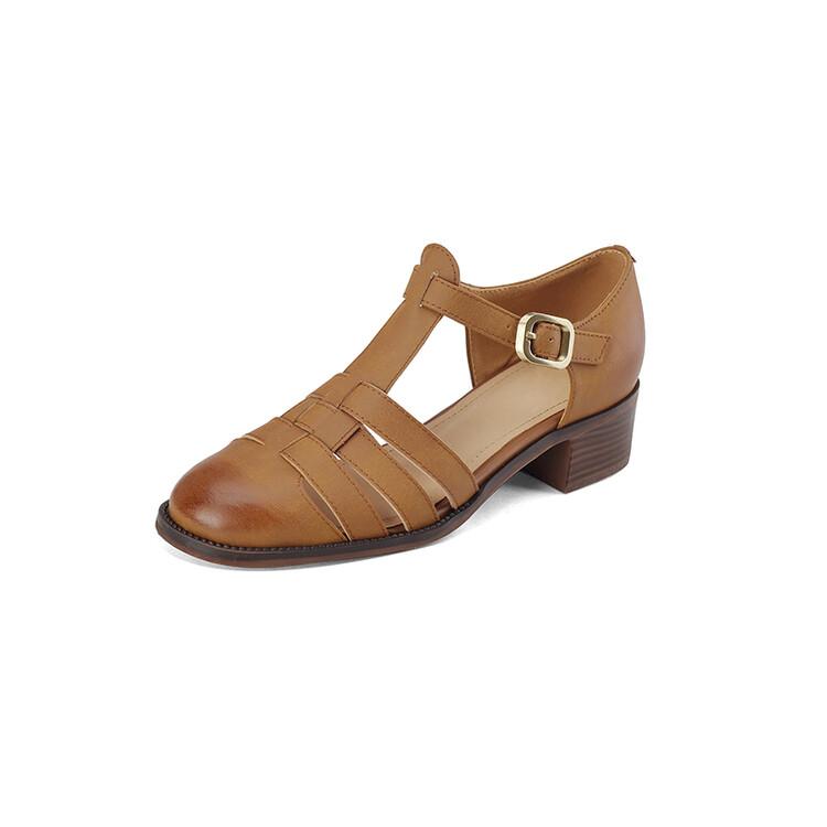 Fashion 2025 New Summer Sandals Split Leather French Retro Woman Shoes Chunky Heel Round Toe Sandals Shoes Handmade Casual Women Pumps