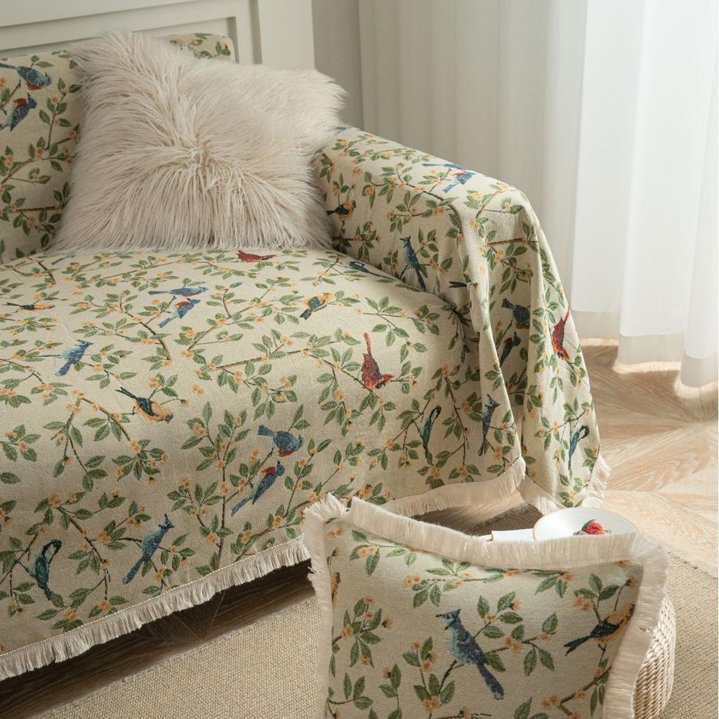 Sofa Towel Anti-cat Scratch Jacquard Flower Bird Green Retro Festive Festival Thick Sofa Blanket