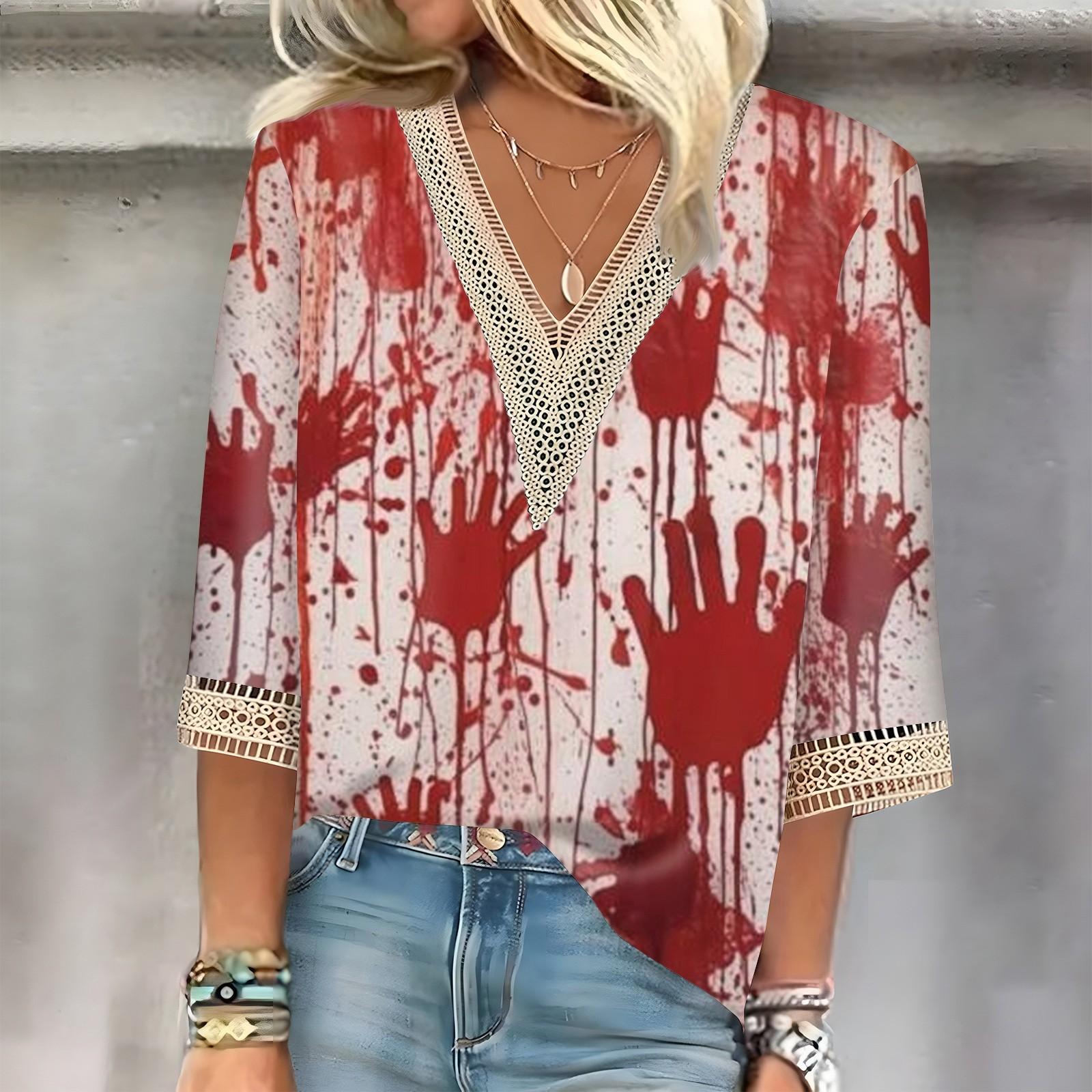 

Женская рубашка-блузка Повседневные свободные рубашки с рукавами 3/4 и кружевной отделкой Топы с v-образным вырезом и принтом Топы с принтом Футболки Футболки XL